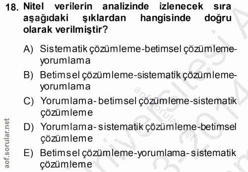 18. soru: Nitel verilerin analizinde izlenecek sıra aşağıdaki şıklardan hangisinde doğru olarak verilmiştir? A) Sistematik çözü…