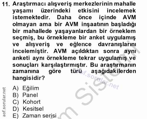 11. soru: Araştırmacı alışveriş merkezlerinin mahalle yaşamı üzerindeki etkisini incelemek istemektedir. Daha önce içinde AVM o…