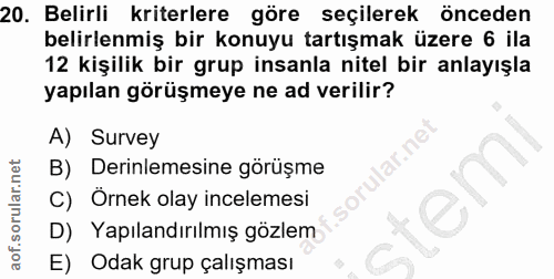 20. soru: Belirli kriterlere göre seçilerek önceden belirlenmiş bir konuyu tartışmak üzere 6 ila 12 kişilik bir grup insanla ni…