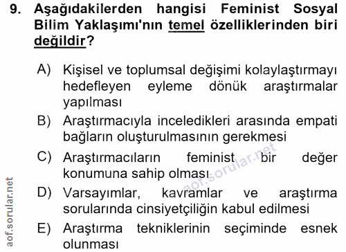 9. soru: Aşağıdakilerden hangisi Feminist Sosyal Bilim Yaklaşımı'nın temel özelliklerinden biri değildir? A) Kişisel ve toplum…
