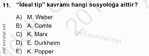 11. soru: "İdeal tip" kavramı hangi sosyoloğa aittir? A) M. Weber B) A. Comte C) K. Marx a6f. D) E. Durkheim E) K. Popper