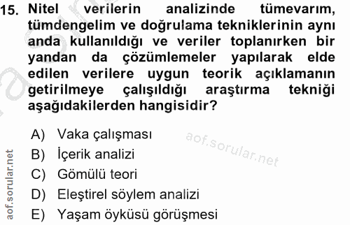 15. soru: Nitel verilerin analizinde tümevarım, tümdengelim ve doğrulama tekniklerinin aynı anda kullanıldığı ve veriler toplan…