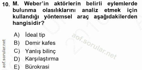 10. soru: M. Weber'in aktörlerin belirli eylemlerde bulunma olasılıklarını analiz etmek için kullandığı yöntemsel karaç aşağıda…