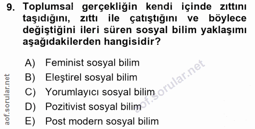 9. soru: Toplumsal gerçekliğin kendi içinde zıttını taşıdığını, zıttı ile çatıştığını ve böylece değiştiğini ileri süren sosya…
