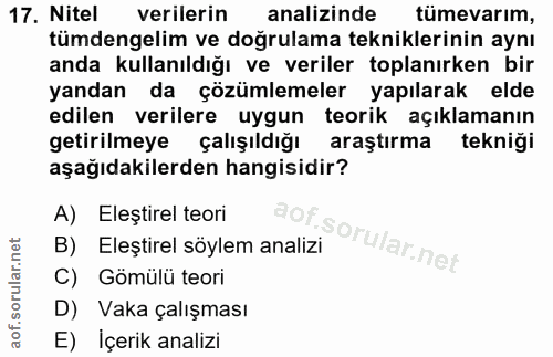 17. soru: Nitel verilerin analizinde tümevarım, tümdengelim ve doğrulama tekniklerinin aynı anda kullanıldığı ve veriler toplan…