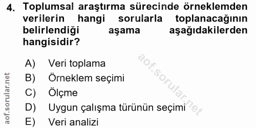 4. soru: Toplumsal araştırma sürecinde örneklemden verilerin hangi sorularla toplanacağının belirlendiği aşama aşağıdakilerden…