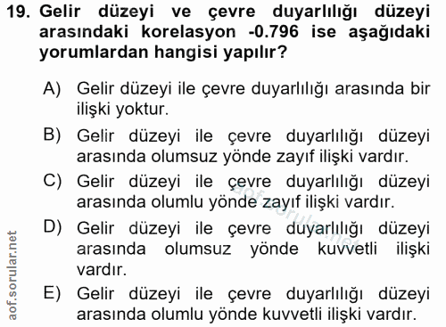 19. soru: Gelir düzeyi ve çevre duyarlılığı düzeyi arasındaki korelasyon -0.796 ise aşağıdaki yorumlardan hangisi yapılır? A) G…