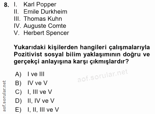 8. soru: I. Karl Popper Il. Emile Durkheim III. Thomas Kuhn IV. Auguste Comte V. Herbert Spencer Yukarıdaki kişilerden hangile…