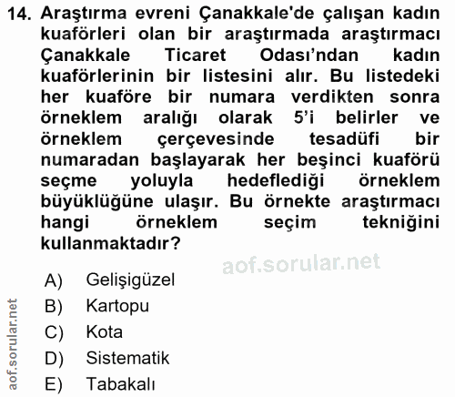 14. soru: Araştırma evreni Çanakkale'de çalışan kadın kuaförleri olan bir araştırmada araştırmacı Çanakkale Ticaret Odası'ndan…