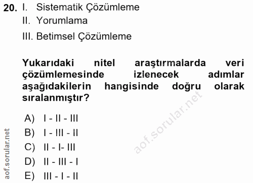 20. soru: 1. Sistematik Çözümleme II. Yorumlama IlI. Betimsel Çözümleme Yukarıdaki nitel araştırmalarda veri çözümlemesinde izl…
