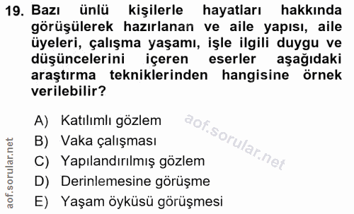 19. soru: Bazı ünlü kişilerle hayatları hakkında görüşülerek hazırlanan ve aile yapısı, aile üyeleri, çalışma yaşamı, işle ilgi…