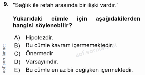 9. soru: "Sağlık ile refah arasında bir ilişki vardır." Yukarıdaki cümle için aşağıdakilerden hangisi söylenebilir? A) Hipotez…