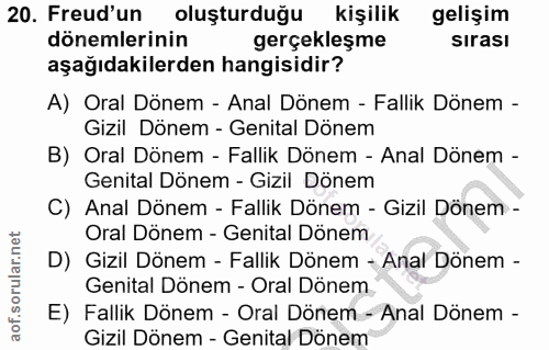20. soru: Freud'un oluşturduğu kişilik gelişim dönemlerinin gerçekleşme sirası aşağıdakilerden hangisidir? A) Oral Dönem - Anal…
