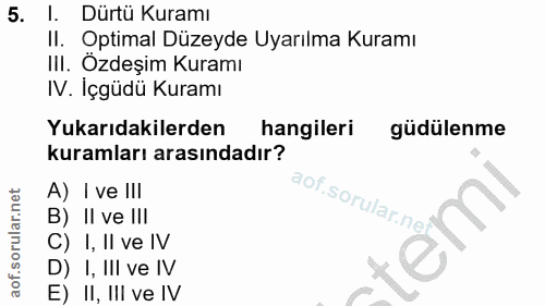 5. soru: l. Dürtü Kuramı II. Optimal Düzeyde Uyarılma Kuramı III. Özdeşim Kuramı IV. İçgüdü Kuramı Yukarıdakilerden hangileri…