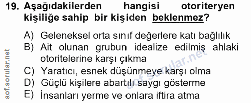 19. soru: Aşağıdakilerden hangisi otoriteryen kişiliğe sahip bir kişiden beklenmez? A) Geleneksel orta sınıf değerlere katı bağ…
