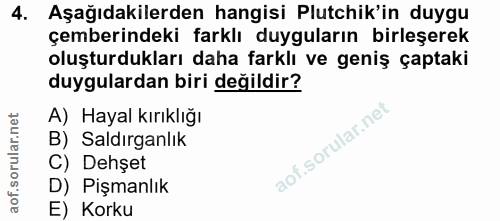4. soru: Aşağıdakilerden hangisi Plutchik'in duygu çemberindeki farklı duyguların birleşerek oluşturdukları daha farklı ve gen…