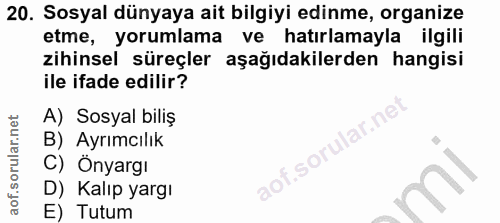 20. soru: Sosyal dünyaya ait bilgiyi edinme, organize etme, yorumlama ve hatırlamayla ilgili zihinsel süreçler aşağıdakilerden…