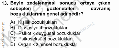 13. soru: Beyin zedelenmesi sonucu ortaya çıkan sebepleri gözlenebilen davranış bozukluklarının genel adı nedir? A) Kişilik boz…