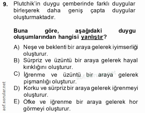 9. soru: Plutchik'in duygu çemberinde farklı duygular birleşerek daha geniş çapta duygular oluşturmaktadır. Buna göre, aşağıda…