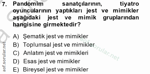 7. soru: Pandomim sanatçilarının, tiyatro oyuncularının yaptıkları jest ve mimikler aşağıdaki jest ve mimik gruplarından hangi…