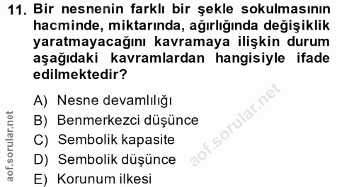 11. soru: Bir nesnenin farklı bir şekle sokulmasının hacminde, miktarında, ağırlığında değişiklik yaratmayacağını kavramaya ili…