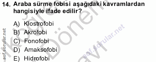 14. soru: Araba sürme fobisi aşağıdaki kavramlardan hangisiyle ifade edilir? A) Klostrofobi one B) Akrofobi drular.ne C) Fonofo…