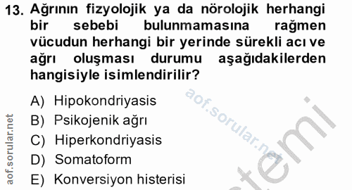 13. soru: Ağrının fizyolojik ya da nörolojik herhangi bir sebebi bulunmamasına ragmen vücudun herhangi bir yerinde sürekli acı…