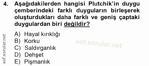 4. soru: Aşağıdakilerden hangisi Plutchik'in duygu çemberindeki farklı duyguların birleşerek oluşturdukları daha farklı ve gen…