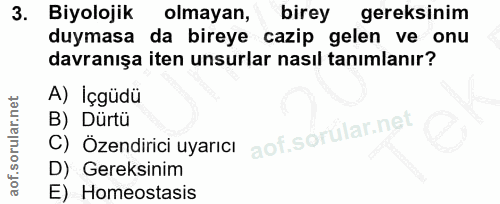 3. soru: Biyolojik olmayan, birey gereksinim duymasa da bireye cazip gelen ve onu davranışa iten unsurlar nasıl tanımlanır? A)…