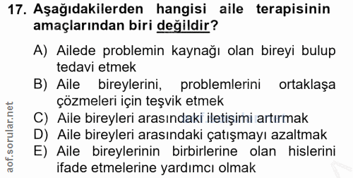 17. soru: Aşağıdakilerden hangisi aile terapisinin amaçlarından biri değildir? A) Ailede problemin kaynağı olan bireyi bulup te…