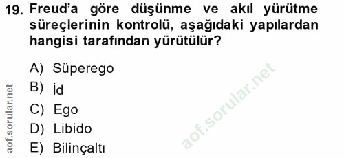 19. soru: Freud'a göre düşünme ve akil yürütme süreçlerinin kontrolü, aşağıdaki yapılardan hangisi tarafından yürütülür? A) Süp…