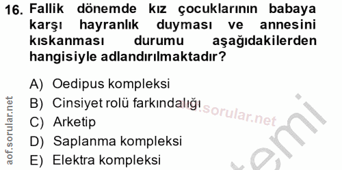 16. soru: Fallik dönemde kız çocuklarının babaya karşı hayranlık duyması ve annesini kıskanması durumu aşağıdakilerden hangisiy…