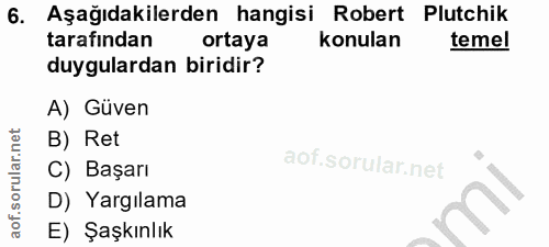 6. soru: Aşağıdakilerden hangisi Robert Plutchik tarafından ortaya konulan temel duygulardan biridir? A) Güven B) Ret l C) Baş…