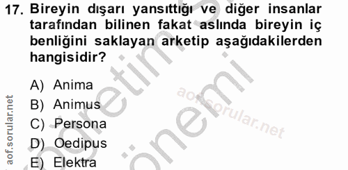17. soru: Bireyin dışarı yansıttığı ve diğer insanlar tarafından bilinen fakat aslında bireyin iç benliğini saklayan arketip aş…