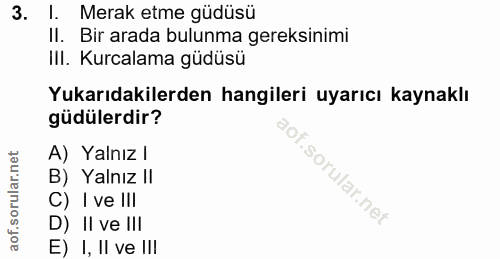 3. soru: 1. Merak etme güdüsü II. Bir arada bulunma gereksinimi IlI. Kurcalama güdüsü Yukarıdakilerden hangileri uyarıcı kayna…
