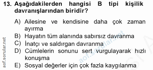 13. soru: Aşağıdakilerden hangisi B tipi kişilik davranışlarından biridir? A) Ailesine ve kendisine daha çok zaman ayırma B) Ha…