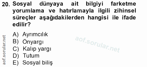 20. soru: Sosyal dünyaya ait bilgiyi farketme yorumlama ve hatırlamayla ilgili zihinsel süreçler aşağıdakilerden hangisi ile if…