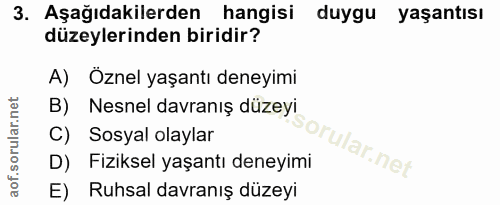 3. soru: Aşağıdakilerden hangisi duygu yaşantısı düzeylerinden biridir? A) Öznel yaşantı deneyimi B) Nesnel davranış düzeyi C)…