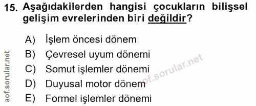 15. soru: Aşağıdakilerden hangisi çocukların bilişsel gelişim evrelerinden biri değildir? A) Işlem öncesi dönem B) Çevresel uyu…