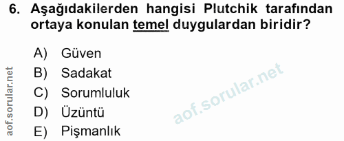 6. soru: Aşağıdakilerden hangisi Plutchik tarafından ortaya konulan temel duygulardan biridir? A) Güven B) Sadakat C) Sorumlul…
