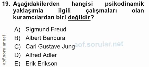 19. soru: Aşağıdakilerden hangisi psikodinamik yaklaşımla ilgili çalışmaları olan kuramcılardan biri değildir? A) Sigmund Freud…