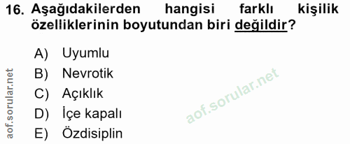 16. soru: Aşağıdakilerden hangisi farklı kişilik özelliklerinin boyutundan biri değildir? A) Uyumlu B) Nevrotik C) Açıklık D) İ…