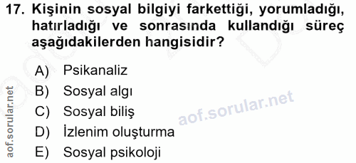 17. soru: Kişinin sosyal bilgiyi farkettiği, yorumladığı, hatırladığı ve sonrasında kullandığı süreç aşağıdakilerden hangisidir…