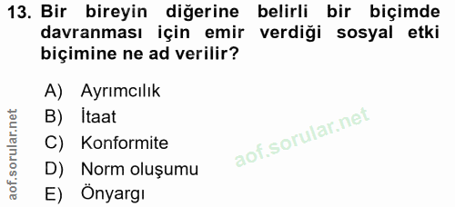 13. soru: Bir bireyin diğerine belirli bir biçimde davranması için emir verdiği sosyal etki biçimine ne ad verilir? A) Ayrımcıl…