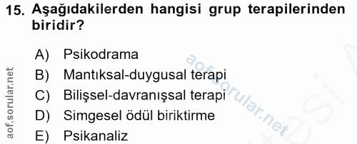 15. soru: Aşağıdakilerden hangisi grup terapilerinden biridir? A) Psikodrama B) Mantıksal-duygusal terapi Bilişsel-davranışsal…