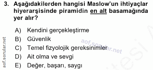 3. soru: Aşağıdakilerden hangisi Maslow'un ihtiyaçlar hiyerarşisinde piramidin en alt basamağında yer alır? A) Kendini gerçekl…