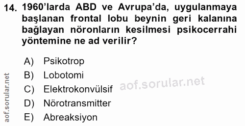 14. soru: 1960'larda ABD ve Avrupa'da, uygulanmaya başlanan frontal lobu beynin geri kalanına bağlayan nöronların kesilmesi psi…