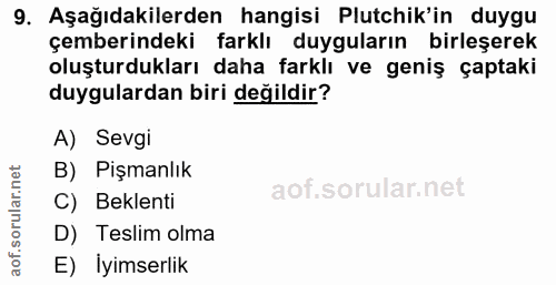 9. soru: Aşağıdakilerden hangisi Plutchik'in duygu çemberindeki farklı duyguların birleşerek oluşturdukları daha farklı ve gen…