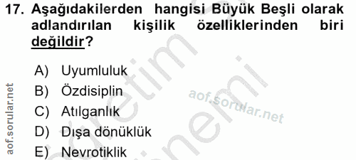 17. soru: Aşağıdakilerden hangisi Büyük Beşli olarak adlandırılan kişilik özelliklerinden biri değildir? A) Uyumluluk B) Özdisi…