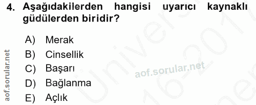 4. soru: Aşağıdakilerden hangisi uyarıcı kaynaklı güdülerden biridir? A) Merak B) Cinsellik C) Başarı D) Bağlanma E) Açlık